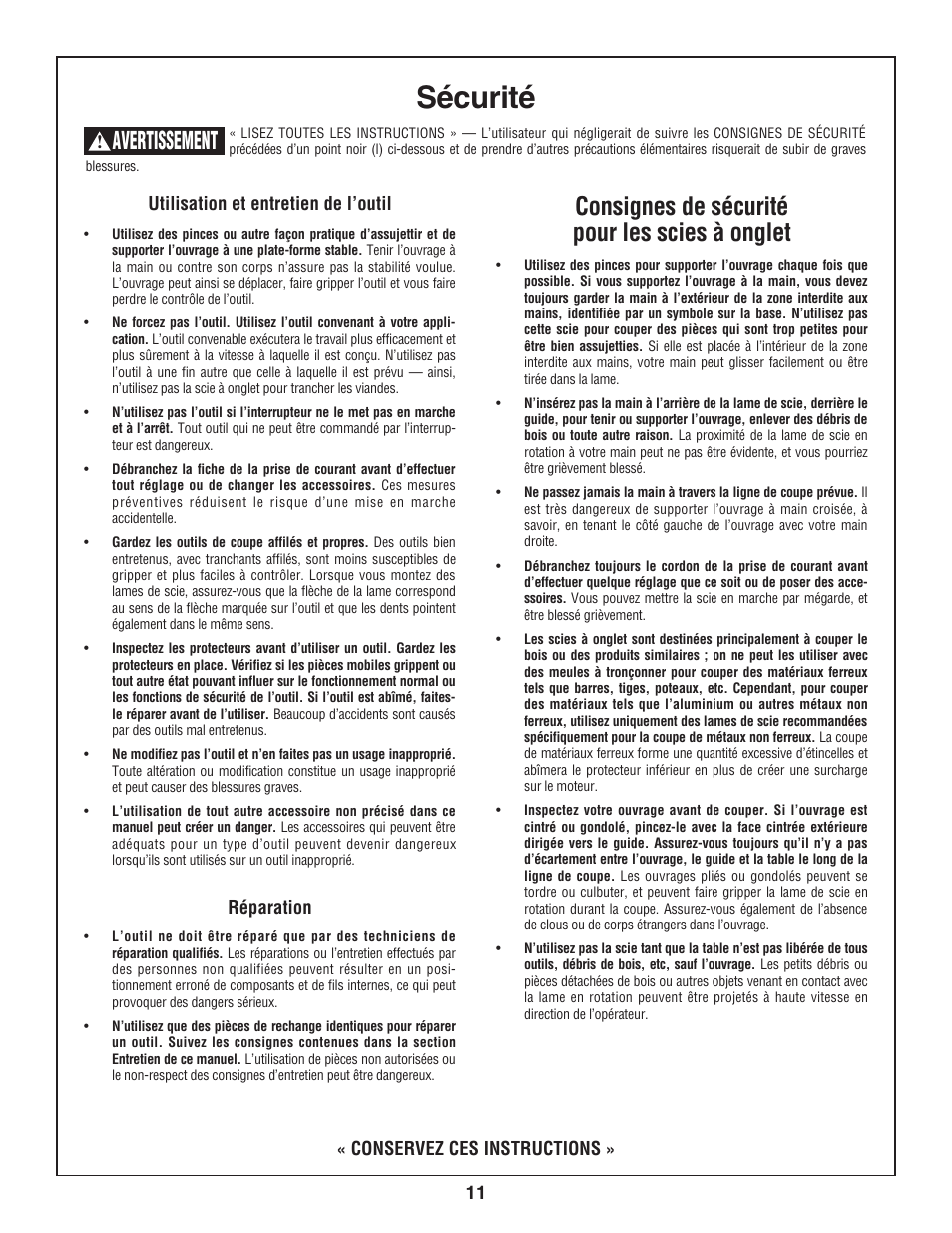 Sécurité, Consignes de sécurité pour les scies à onglet, Avertissement | Skil 3800-02 User Manual | Page 11 / 72