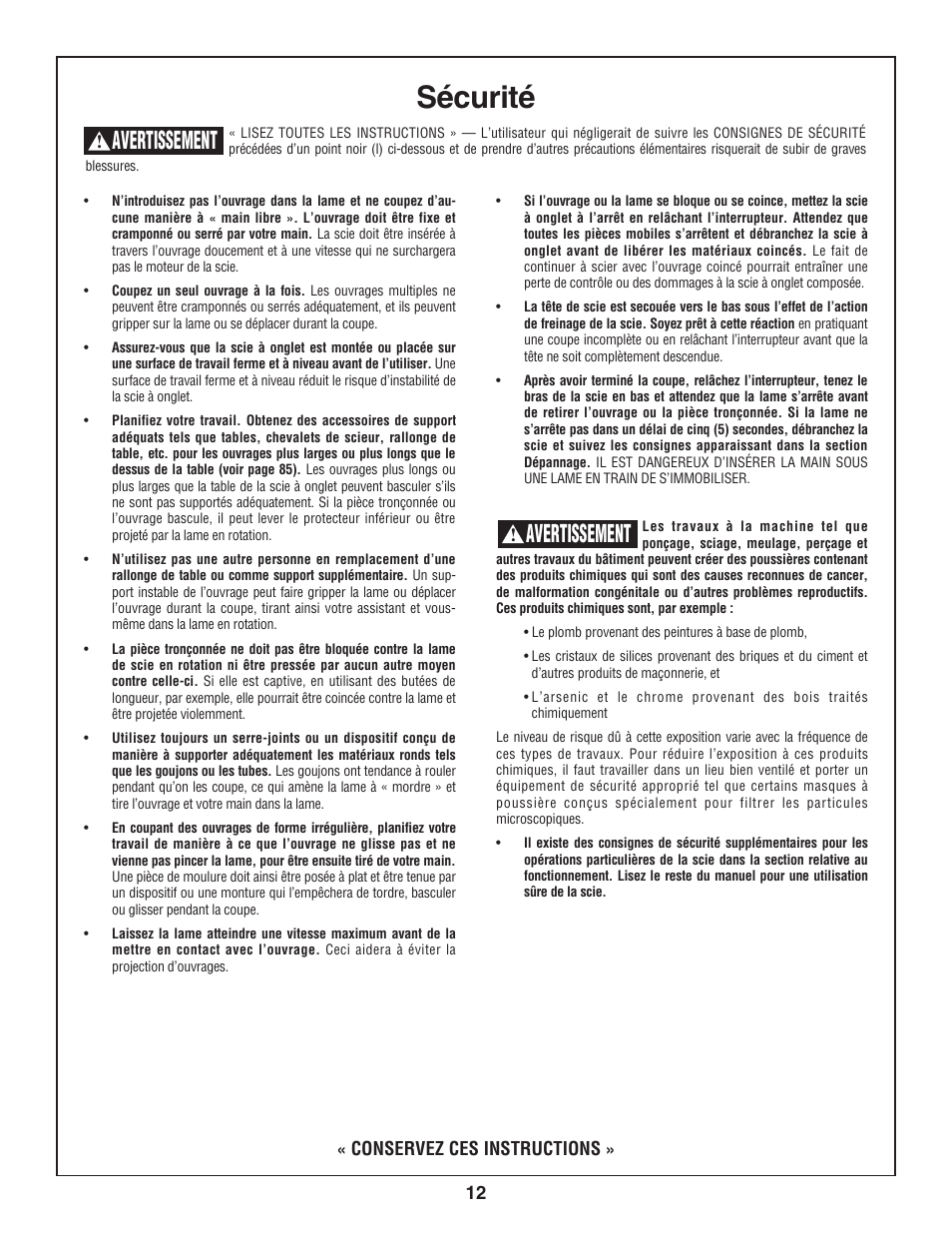 Sécurité, Avertissement, Conservez ces instructions | Skil 3800-02 User Manual | Page 12 / 72