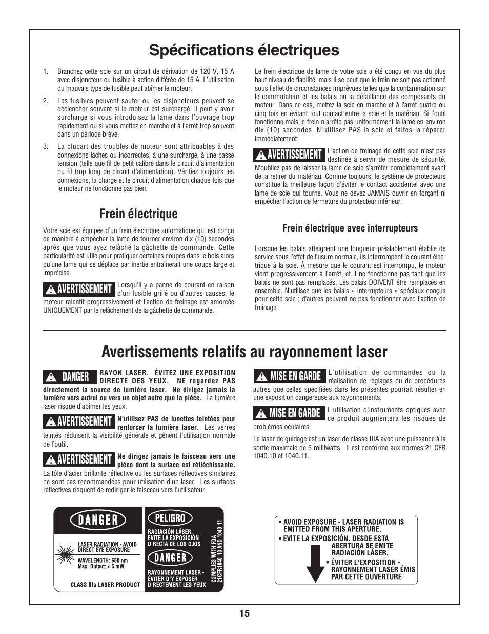 Spécifications électriques, Avertissements relatifs au rayonnement laser, Frein électrique | Avertissement, Mise en garde, Danger | Skil 3800-02 User Manual | Page 15 / 72
