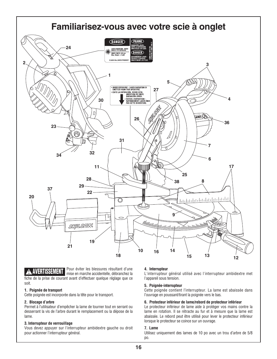 Familiarisez-vous avec votre scie à onglet, Avertissement | Skil 3800-02 User Manual | Page 16 / 72