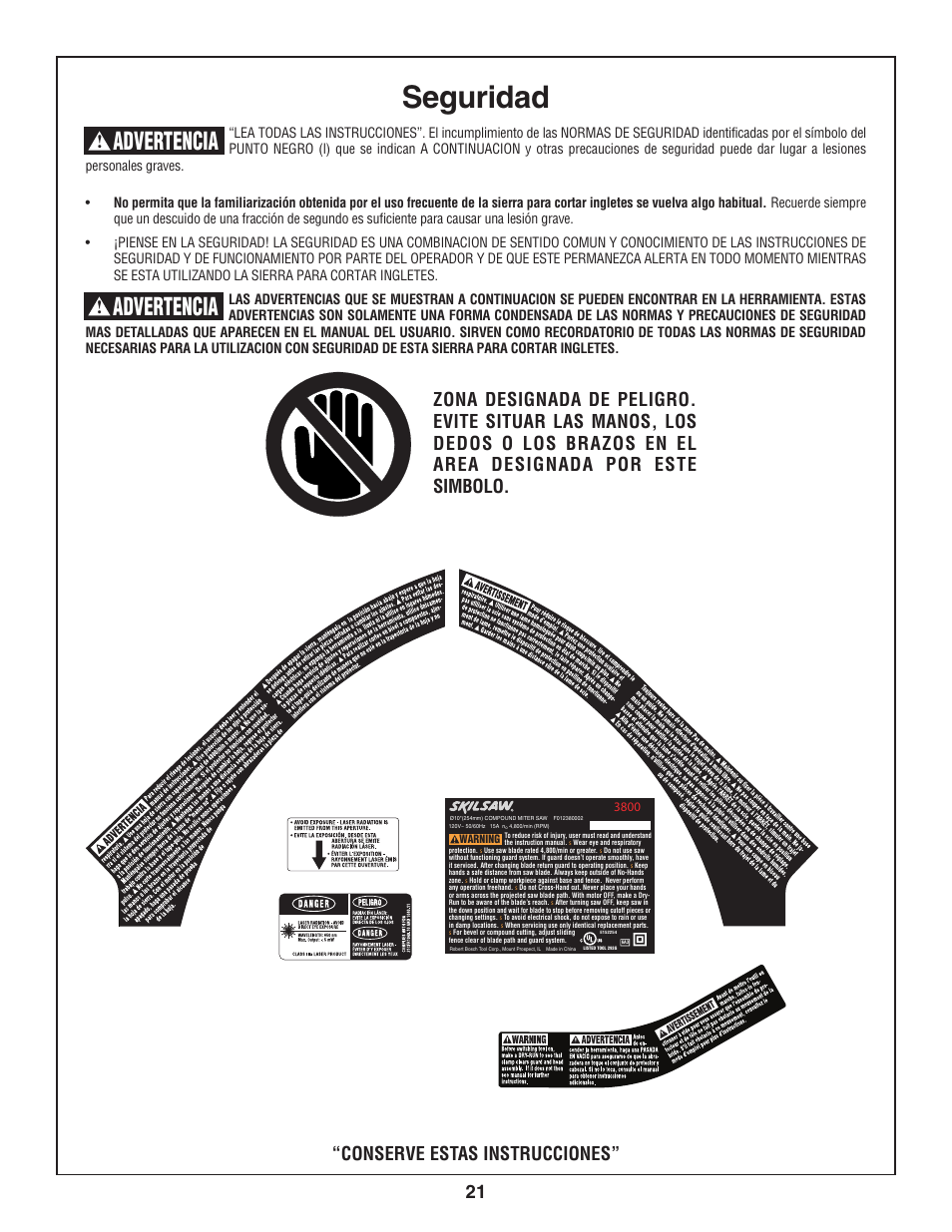Seguridad, Advertencia, Conserve estas instrucciones | Skil 3800-02 User Manual | Page 21 / 72