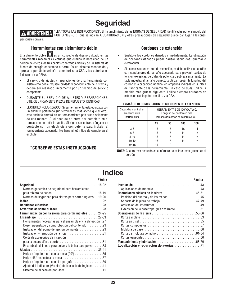 Seguridad, Indice, Advertencia | 22 herramientas con aislamiento doble, Cordones de extensión, Conserve estas instrucciones | Skil 3800-02 User Manual | Page 22 / 72