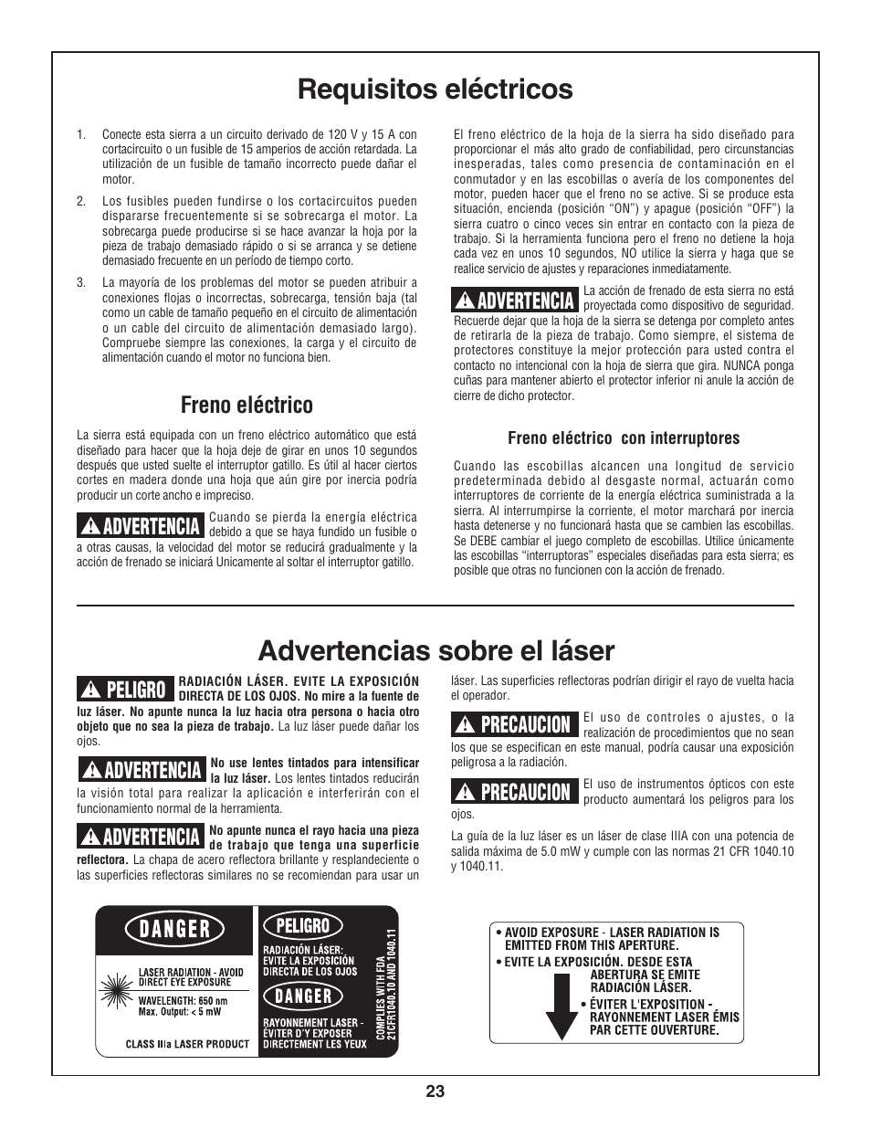 Requisitos eléctricos, Advertencias sobre el láser, Freno eléctrico | Advertencia, Precaucion, Peligro | Skil 3800-02 User Manual | Page 23 / 72