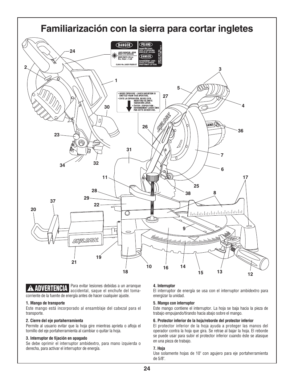 Familiarización con la sierra para cortar ingletes, Advertencia | Skil 3800-02 User Manual | Page 24 / 72