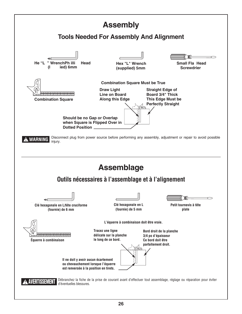 Assembly, Assemblage, Tools needed for assembly and alignment | Avertissement | Skil 3800-02 User Manual | Page 26 / 72