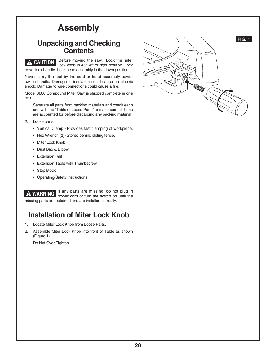 Assembly, Unpacking and checking contents, Installation of miter lock knob | Skil 3800-02 User Manual | Page 28 / 72