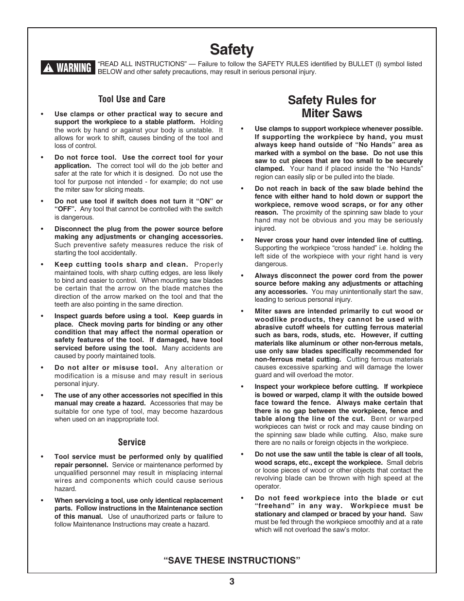 Safety, Safety rules for miter saws, Warning | Skil 3800-02 User Manual | Page 3 / 72