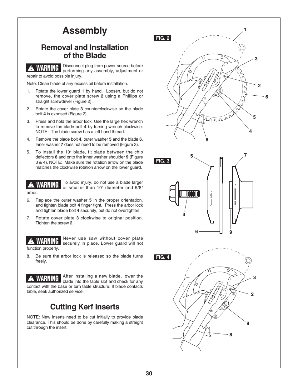 Assembly, Removal and installation of the blade, Cutting kerf inserts | Warning | Skil 3800-02 User Manual | Page 30 / 72