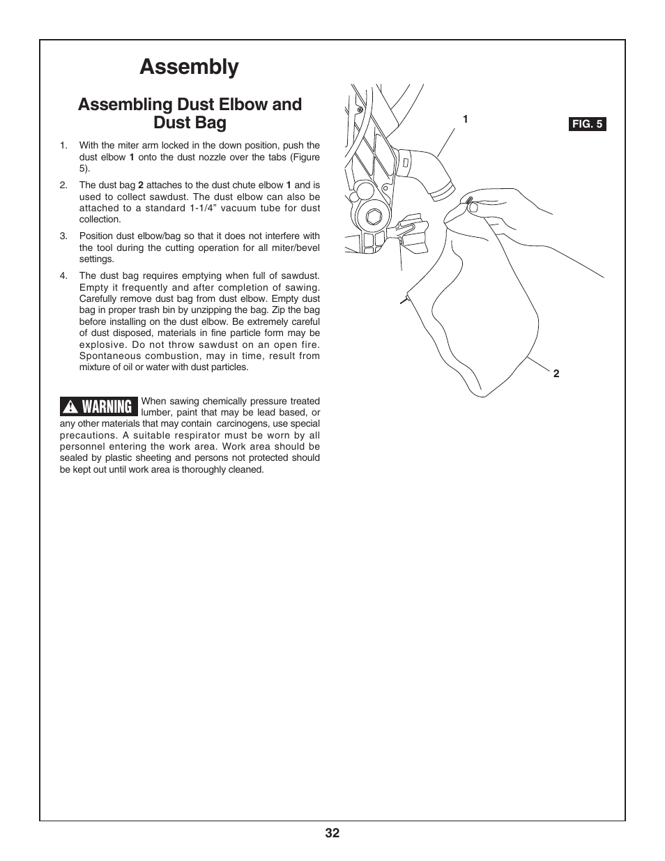 Assembly, Assembling dust elbow and dust bag, Warning | Skil 3800-02 User Manual | Page 32 / 72