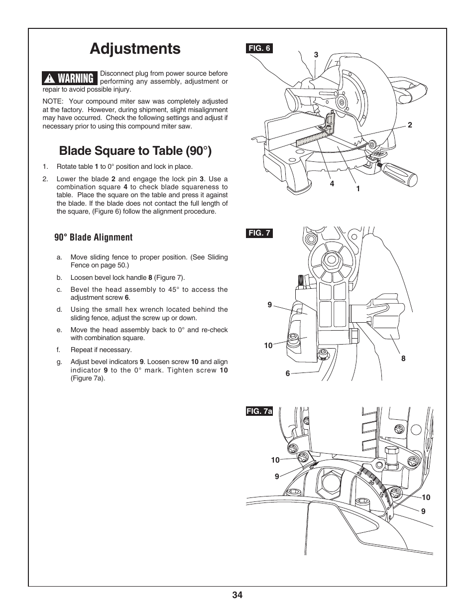 Adjustments, Blade square to table (90°), Warning | Skil 3800-02 User Manual | Page 34 / 72