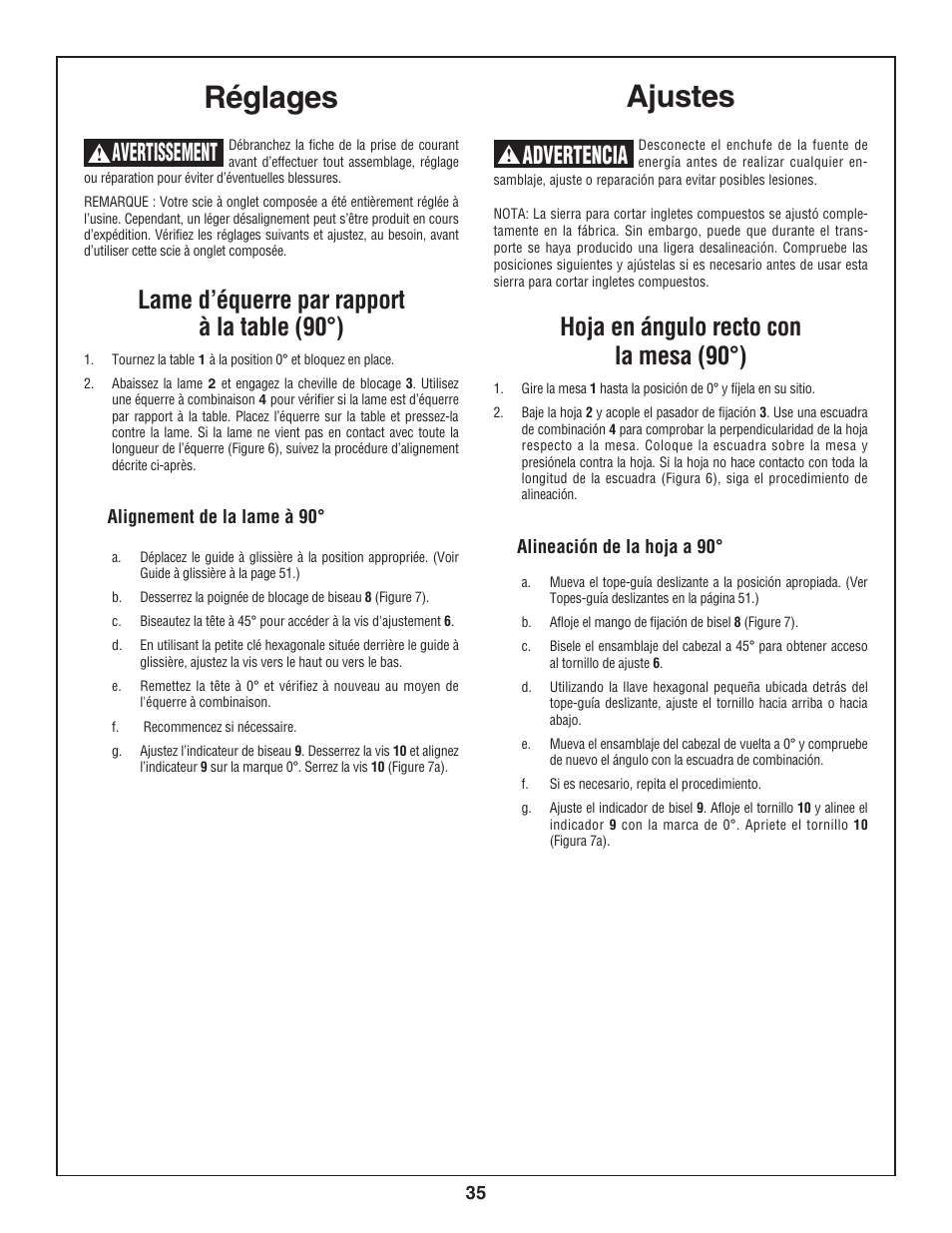 Ajustes, Réglages, Hoja en ángulo recto con la mesa (90°) | Advertencia, Lame d’équerre par rapport à la table (90°), Avertissement | Skil 3800-02 User Manual | Page 35 / 72