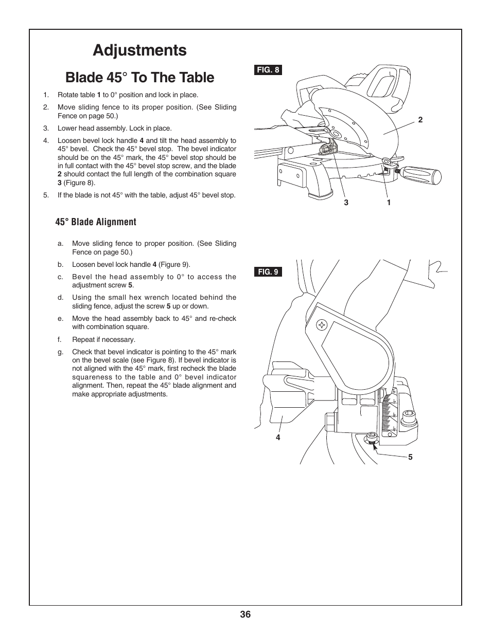 Adjustments, Blade 45° to the table, 45° blade alignment | Skil 3800-02 User Manual | Page 36 / 72