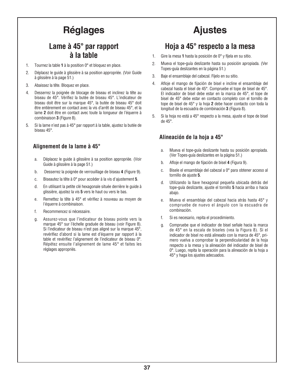 Ajustes, Réglages, Hoja a 45° respecto a la mesa | Lame à 45° par rapport à la table | Skil 3800-02 User Manual | Page 37 / 72