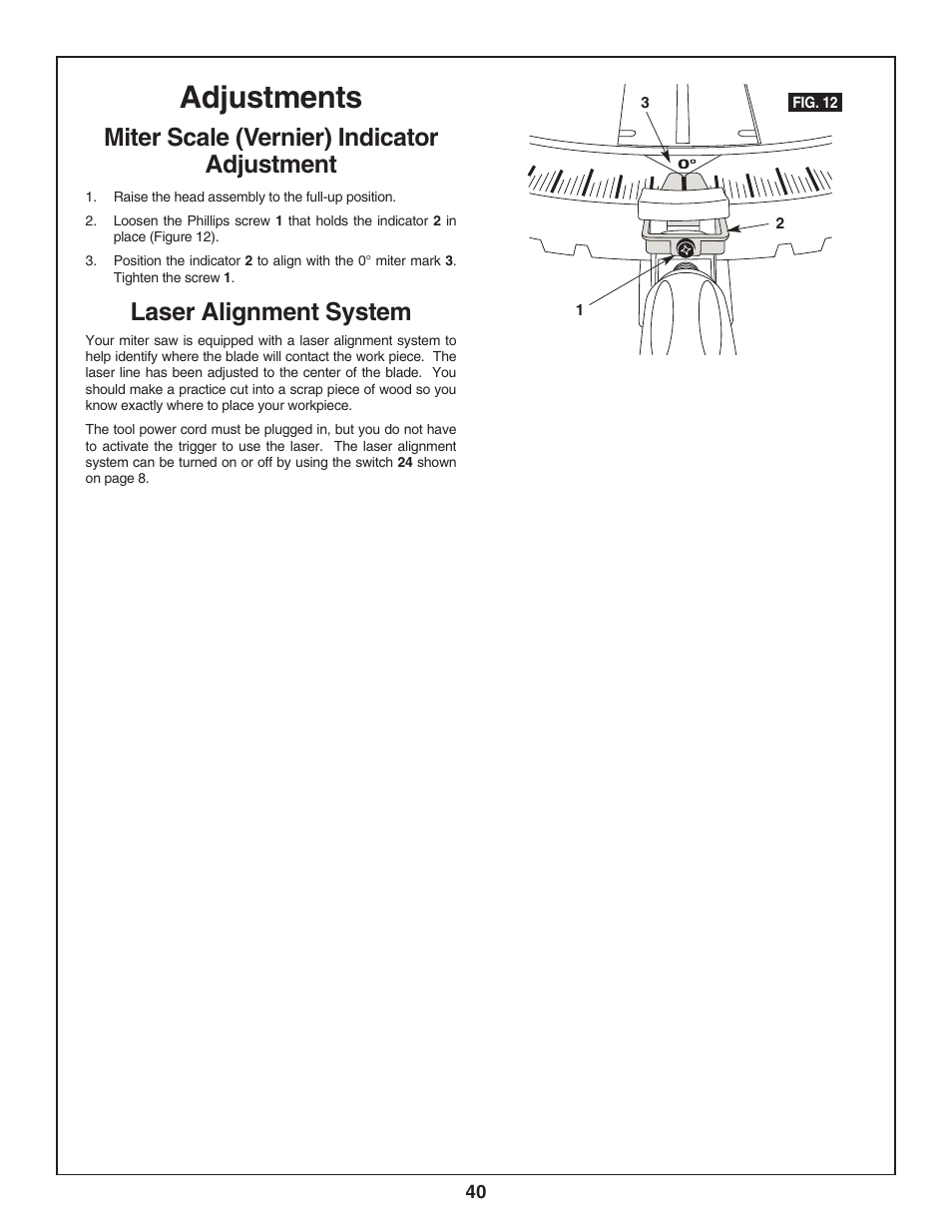 Adjustments, Miter scale (vernier) indicator adjustment, Laser alignment system | Skil 3800-02 User Manual | Page 40 / 72