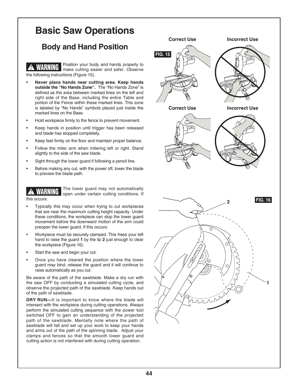 Basic saw operations, Body and hand position, Warning | Skil 3800-02 User Manual | Page 44 / 72