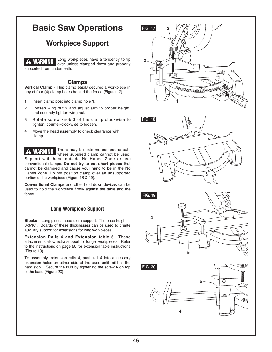 Basic saw operations, Workpiece support, Warning | Skil 3800-02 User Manual | Page 46 / 72