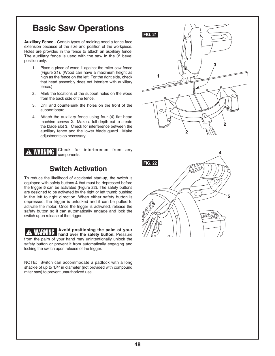 Basic saw operations, Switch activation, Warning | Skil 3800-02 User Manual | Page 48 / 72