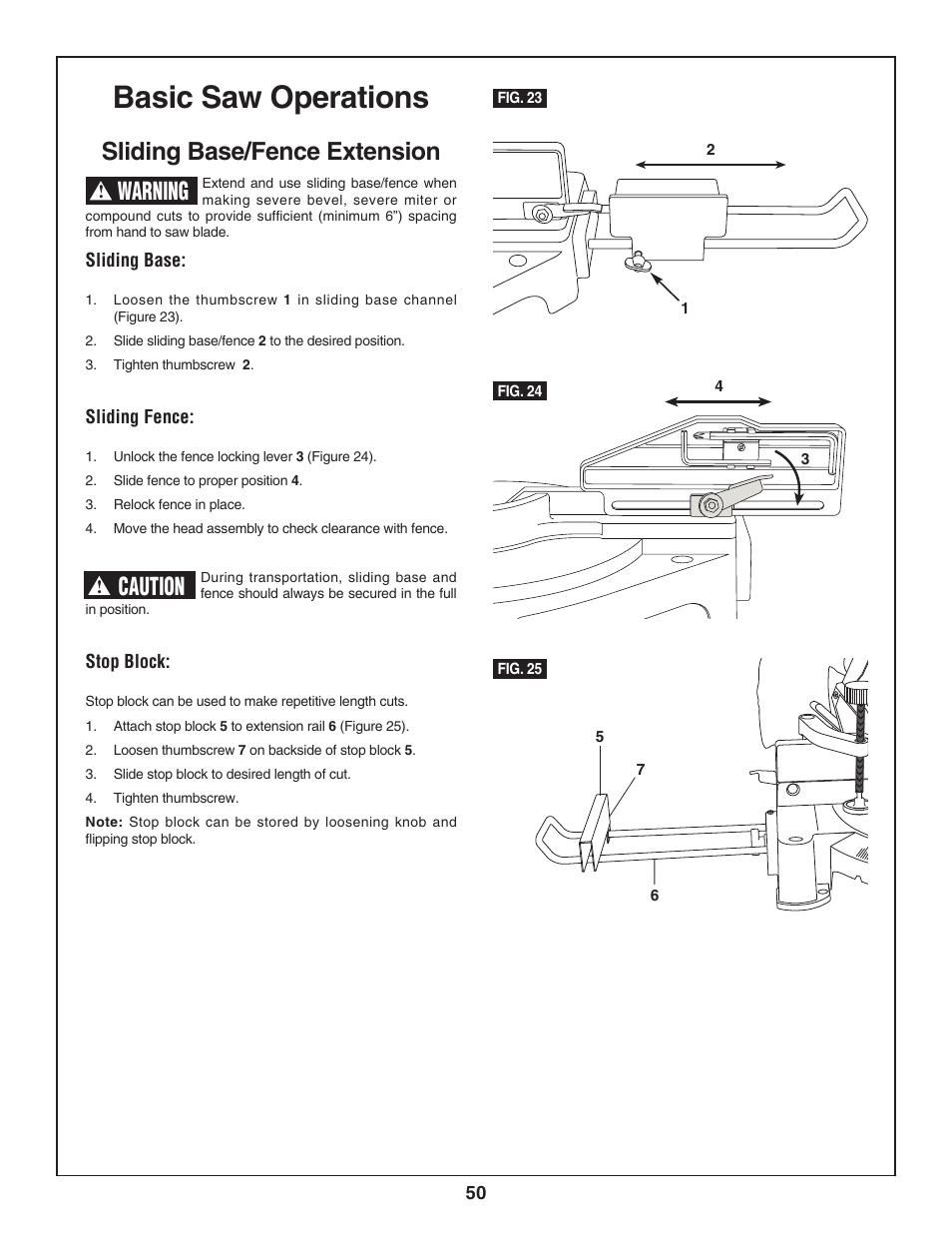 Basic saw operations, Sliding base/fence extension, Warning | Caution | Skil 3800-02 User Manual | Page 50 / 72