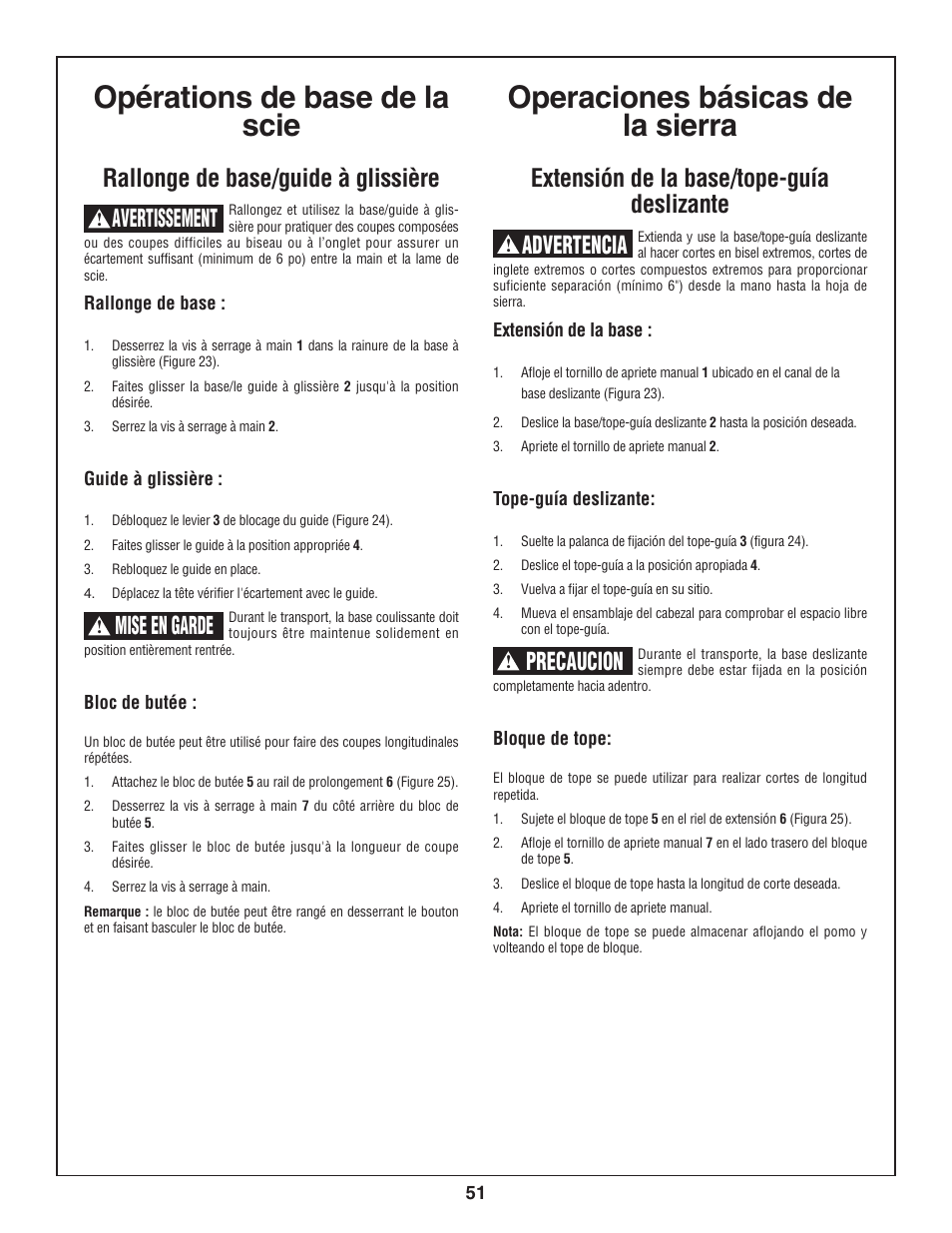Opérations de base de la scie, Operaciones básicas de la sierra, Rallonge de base/guide à glissière | Extensión de la base/tope-guía deslizante, Avertissement, Advertencia, Precaucion, Mise en garde | Skil 3800-02 User Manual | Page 51 / 72