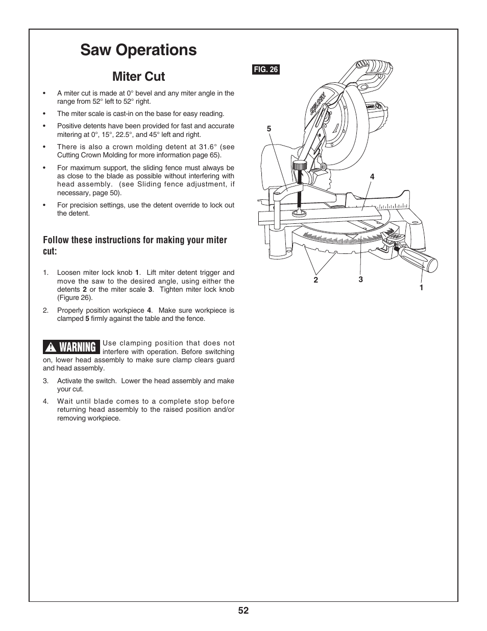 Saw operations, Miter cut, Warning | Skil 3800-02 User Manual | Page 52 / 72