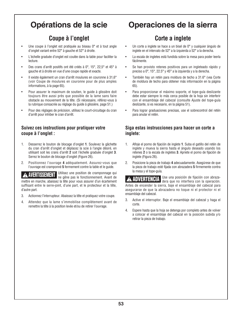 Opérations de la scie, Operaciones de la sierra, Coupe à l’onglet | Avertissement, Corte a inglete, Advertencia | Skil 3800-02 User Manual | Page 53 / 72