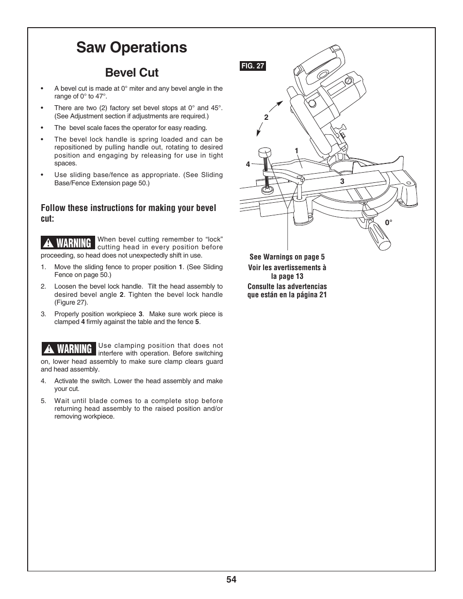 Saw operations, Bevel cut, Warning | Skil 3800-02 User Manual | Page 54 / 72