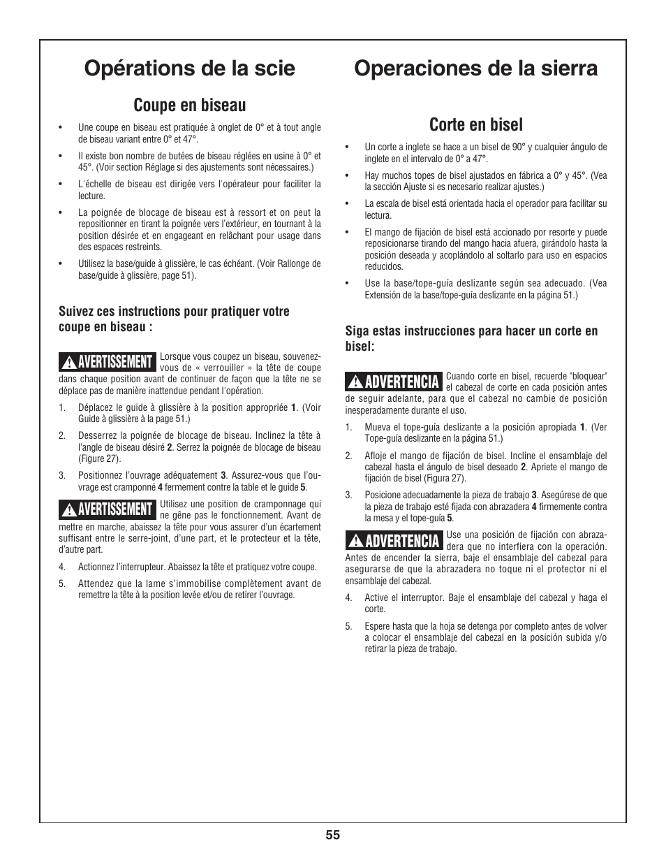 Operaciones de la sierra, Opérations de la scie, Coupe en biseau | Avertissement, Corte en bisel, Advertencia | Skil 3800-02 User Manual | Page 55 / 72