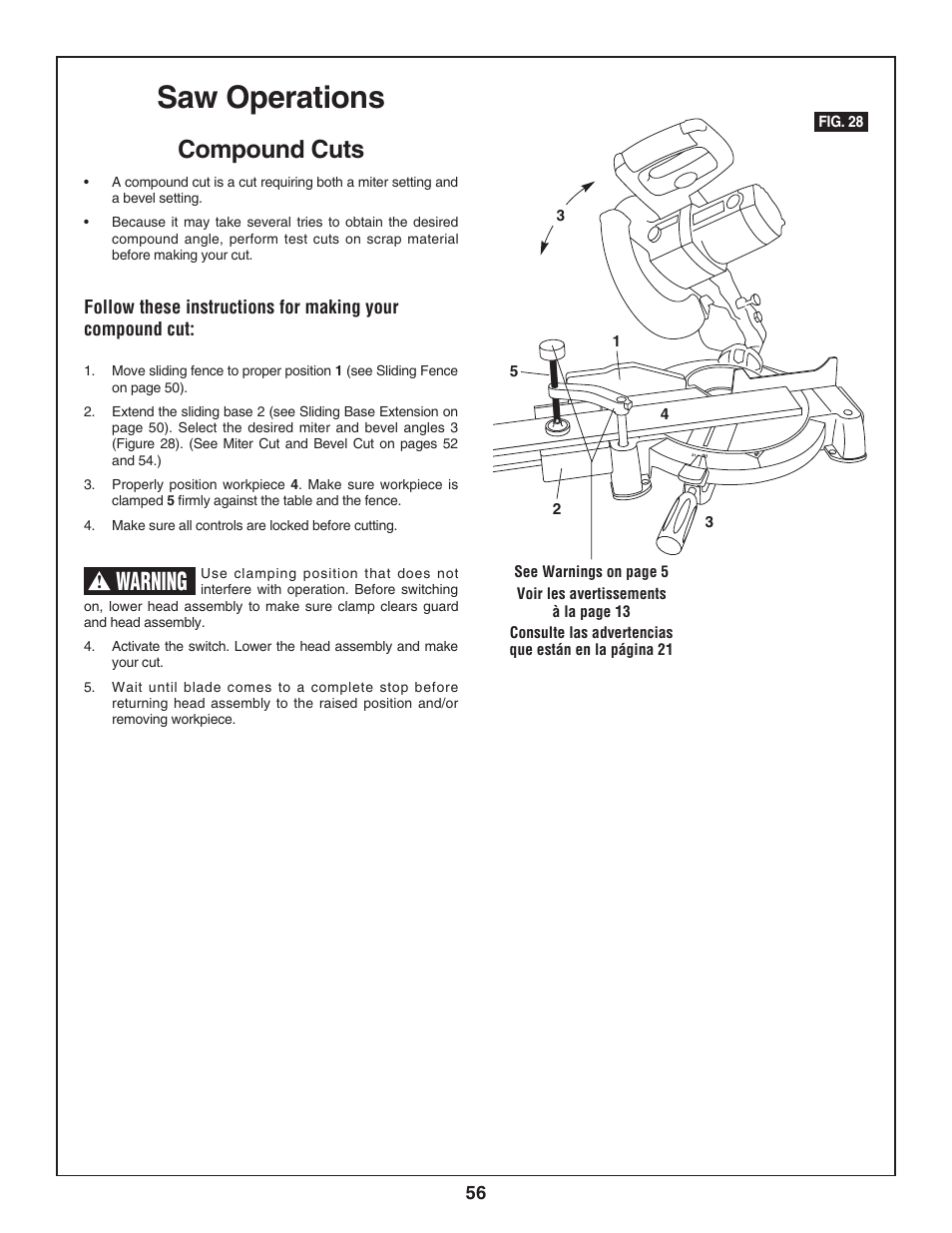 Saw operations, Compound cuts, Warning | Skil 3800-02 User Manual | Page 56 / 72