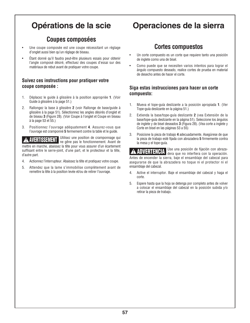 Opérations de la scie, Operaciones de la sierra, Coupes composées | Avertissement, Cortes compuestos, Advertencia | Skil 3800-02 User Manual | Page 57 / 72
