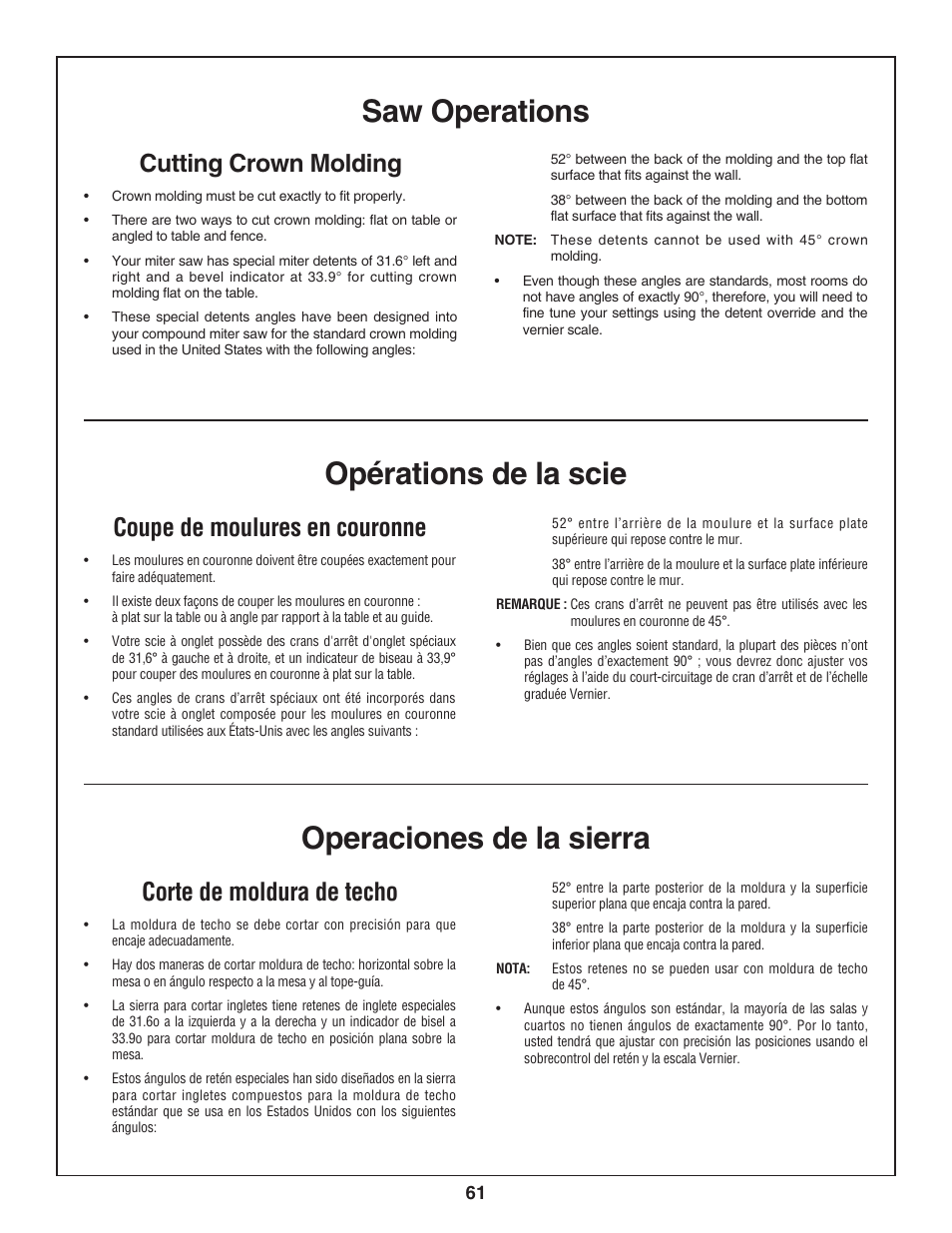 Operaciones de la sierra, Saw operations opérations de la scie, Corte de moldura de techo | Coupe de moulures en couronne, Cutting crown molding | Skil 3800-02 User Manual | Page 61 / 72