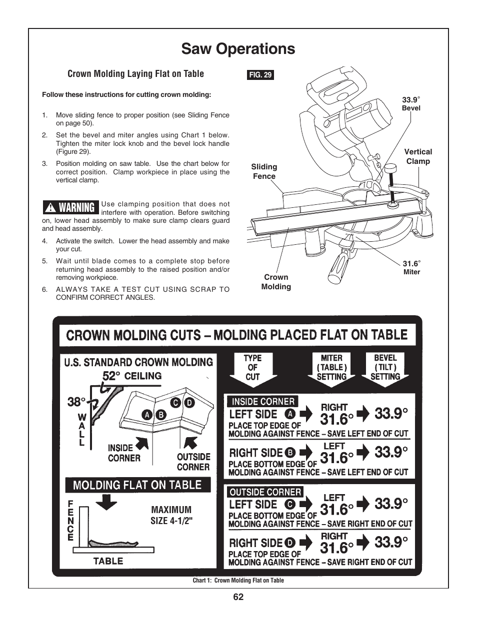 Saw operations, Warning | Skil 3800-02 User Manual | Page 62 / 72