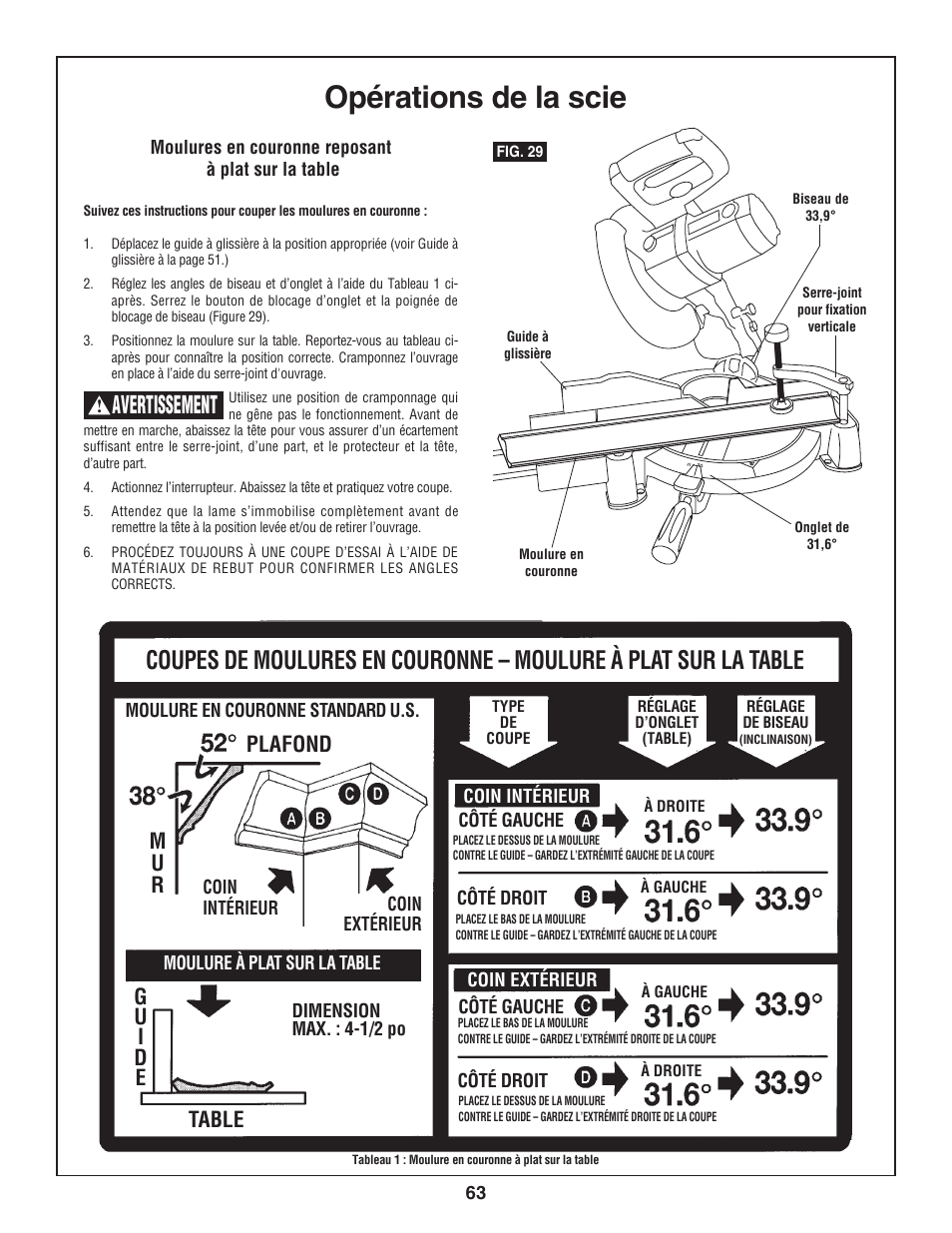 Opérations de la scie, Avertissement, Plafond m u r | Table | Skil 3800-02 User Manual | Page 63 / 72