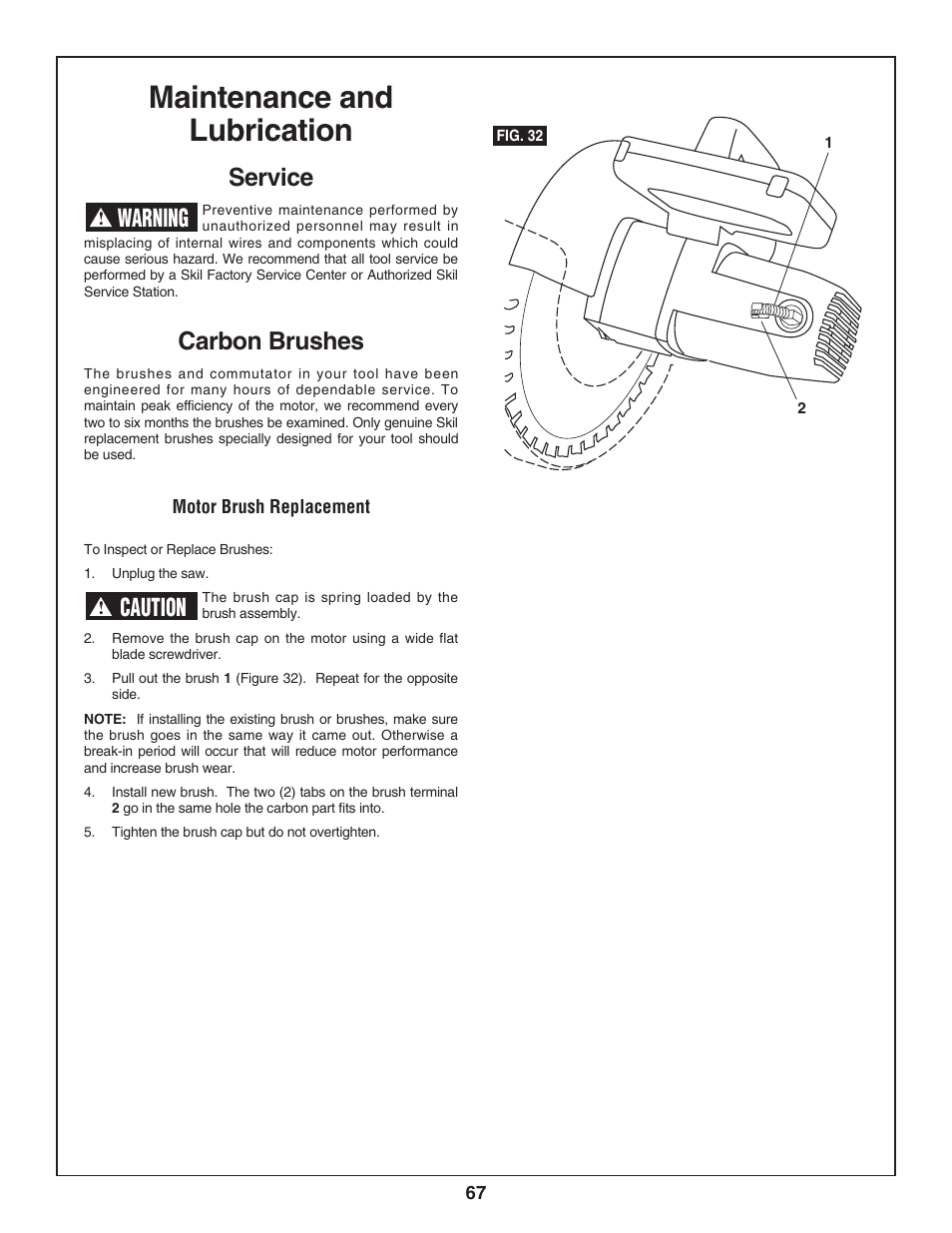 Maintenance and lubrication, Service, Carbon brushes | Warning, Caution | Skil 3800-02 User Manual | Page 67 / 72