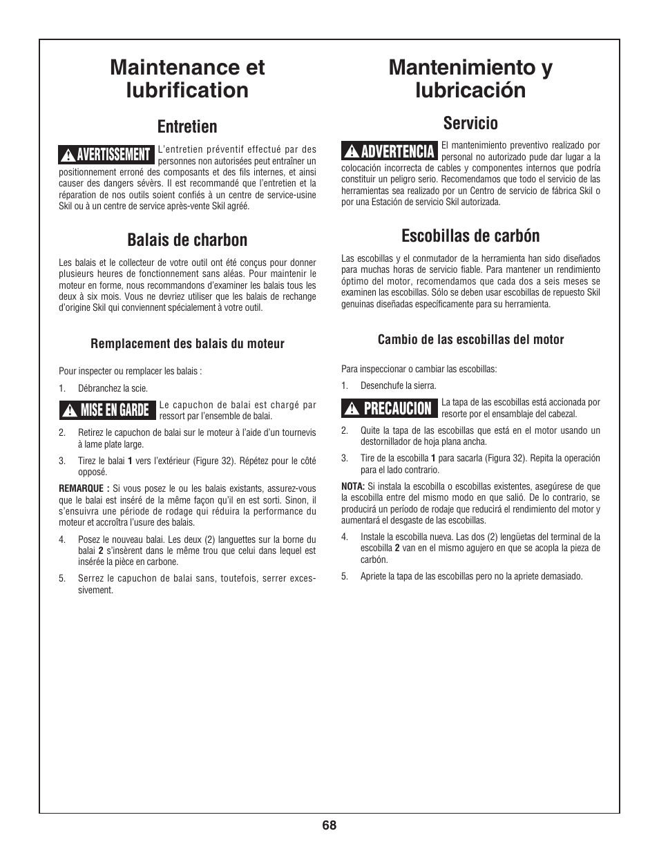 Maintenance et lubrification, Mantenimiento y lubricación, Entretien | Balais de charbon, Avertissement, Servicio, Escobillas de carbón, Advertencia, Precaucion, Mise en garde | Skil 3800-02 User Manual | Page 68 / 72