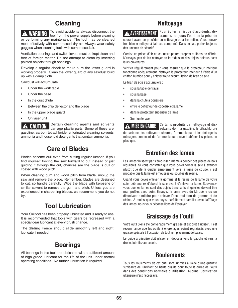 Cleaning, Care of blades, Tool lubrication | Bearings, Nettoyage, Entretien des lames, Graissage de l’outil, Roulements, Avertissement, Mise en garde | Skil 3800-02 User Manual | Page 69 / 72