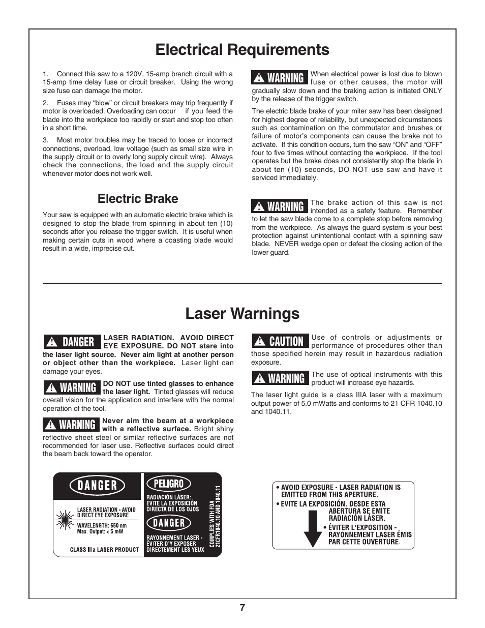 Electrical requirements, Laser warnings, Electric brake | Warning, Danger, Caution | Skil 3800-02 User Manual | Page 7 / 72