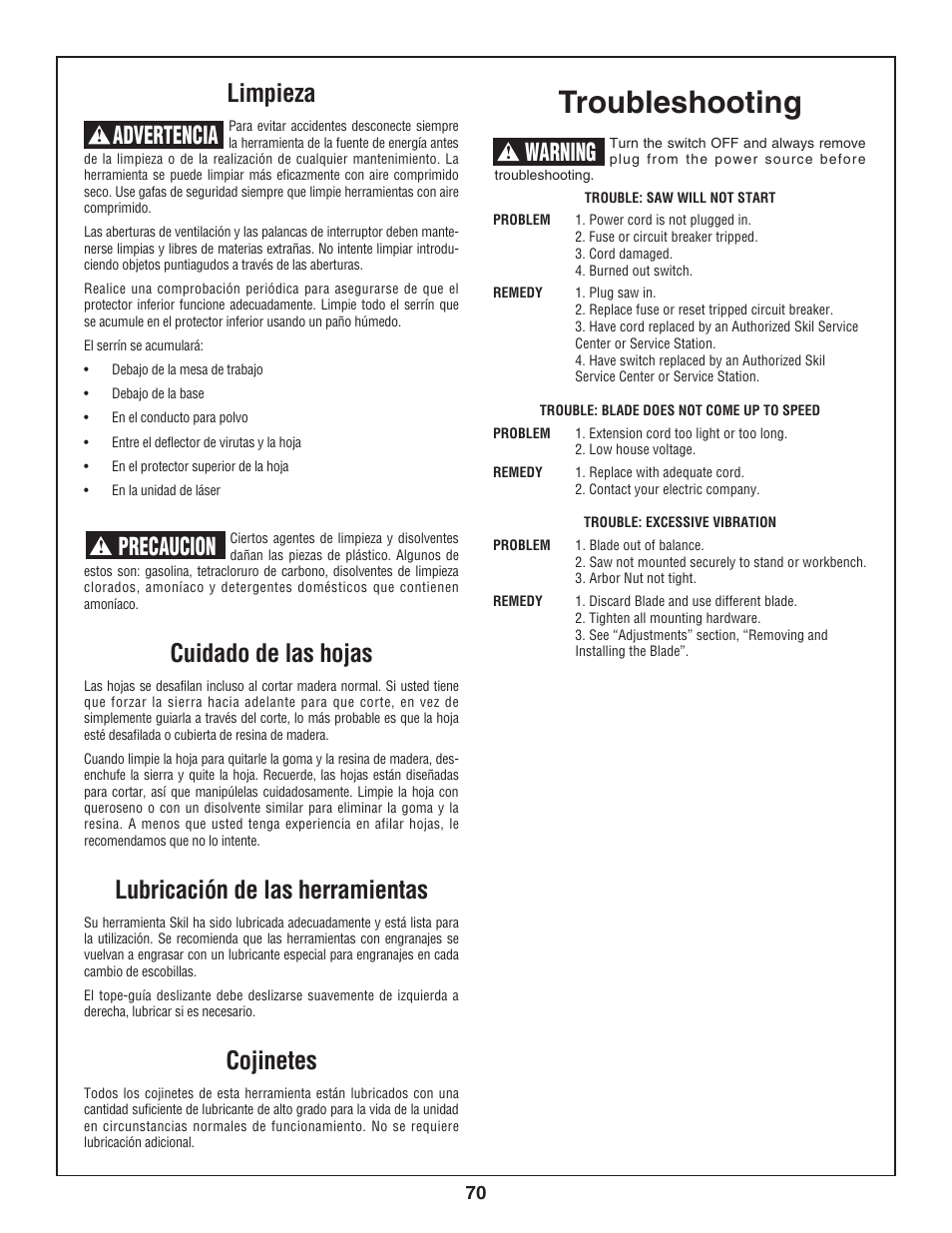 Troubleshooting, Limpieza, Cuidado de las hojas | Lubricación de las herramientas, Cojinetes, Advertencia, Precaucion, Warning | Skil 3800-02 User Manual | Page 70 / 72