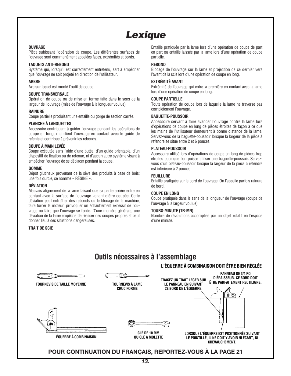 Lexique, Outils nécessaires à l’assemblage | Skil 3400 User Manual | Page 13 / 64