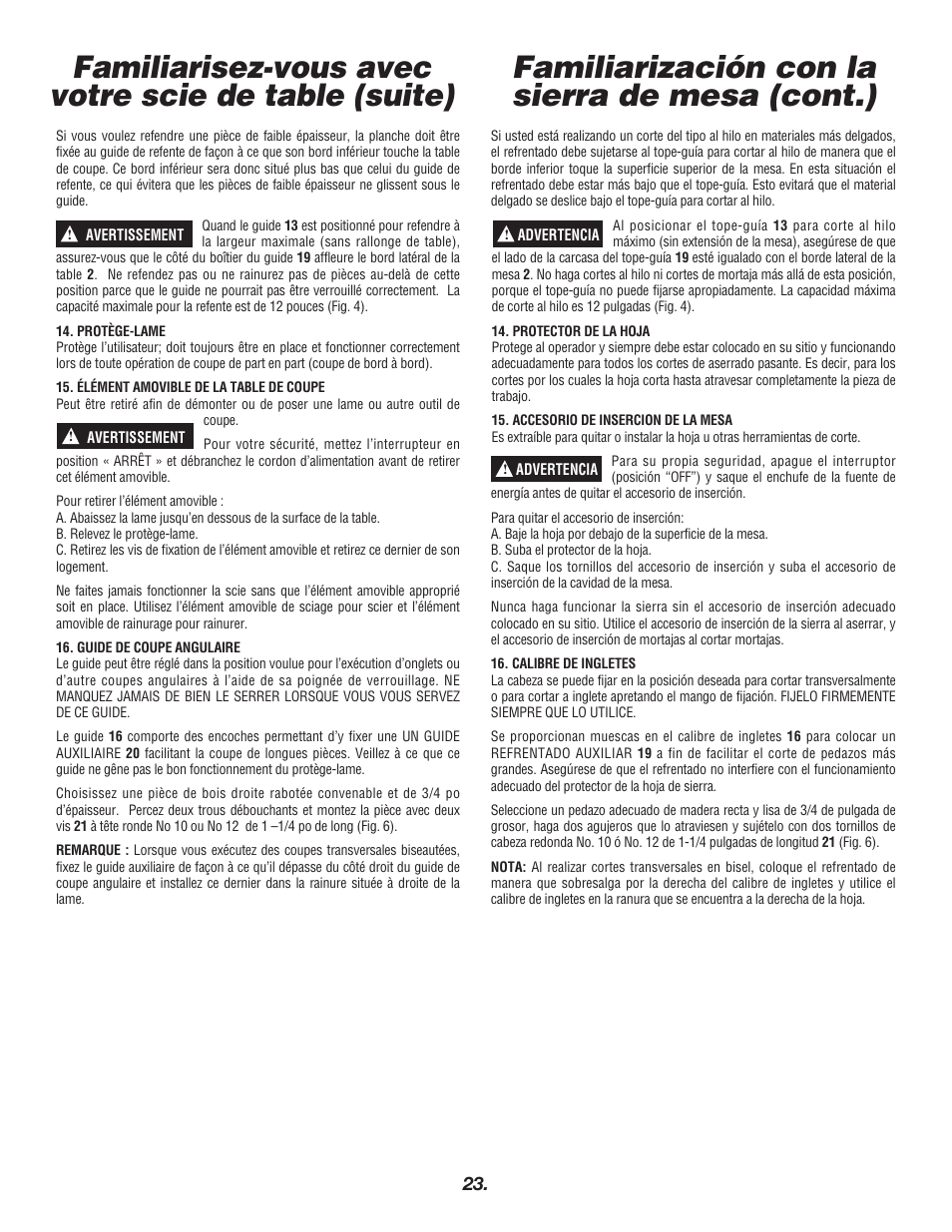 Familiarización con la sierra de mesa (cont.), Familiarisez-vous avec votre scie de table (suite) | Skil 3400 User Manual | Page 23 / 64