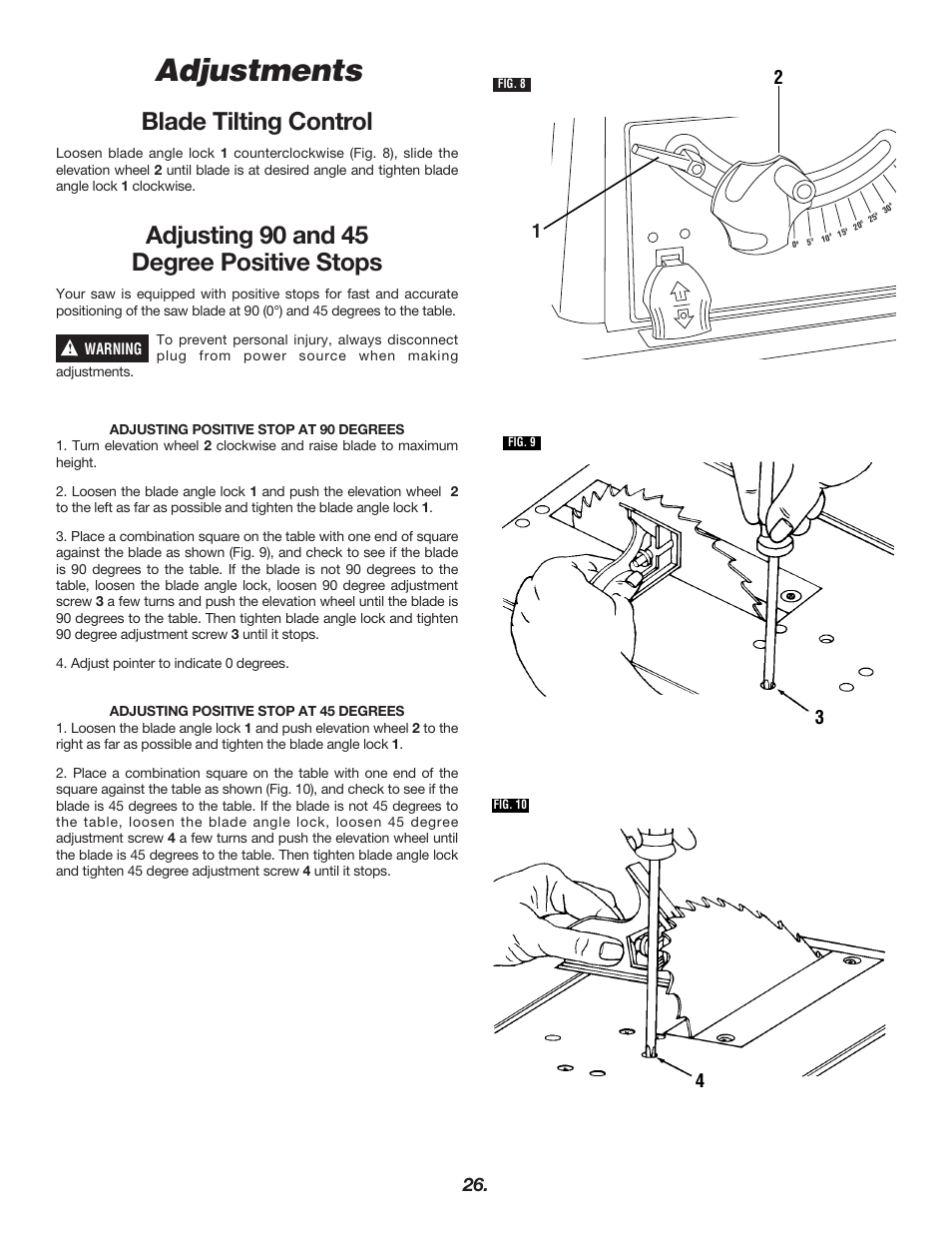 Adjustments, Blade tilting control, Adjusting 90 and 45 degree positive stops | Skil 3400 User Manual | Page 26 / 64