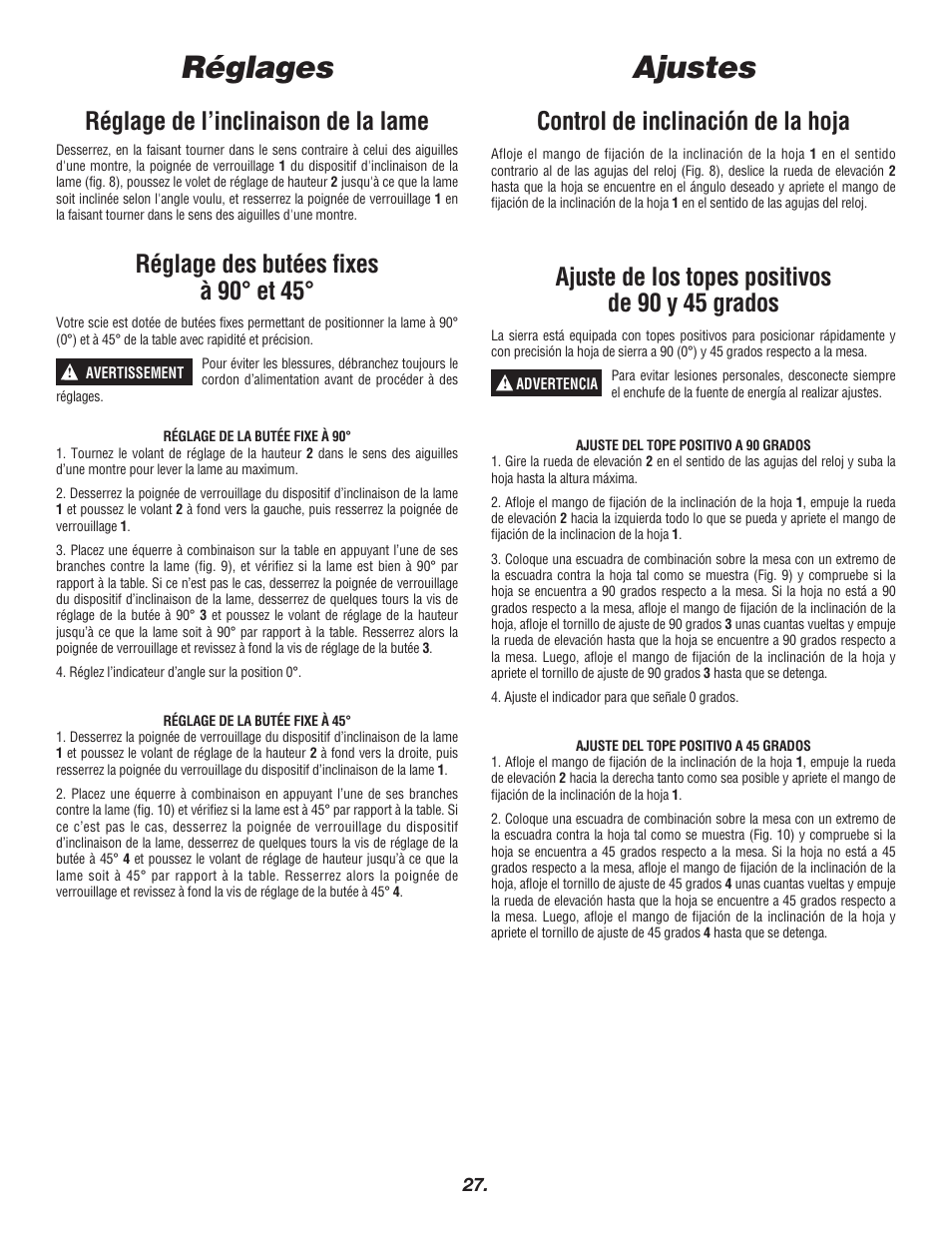 Ajustes, Réglages, Réglage de l’inclinaison de la lame | Réglage des butées fixes à 90° et 45, Control de inclinación de la hoja, Ajuste de los topes positivos de 90 y 45 grados | Skil 3400 User Manual | Page 27 / 64