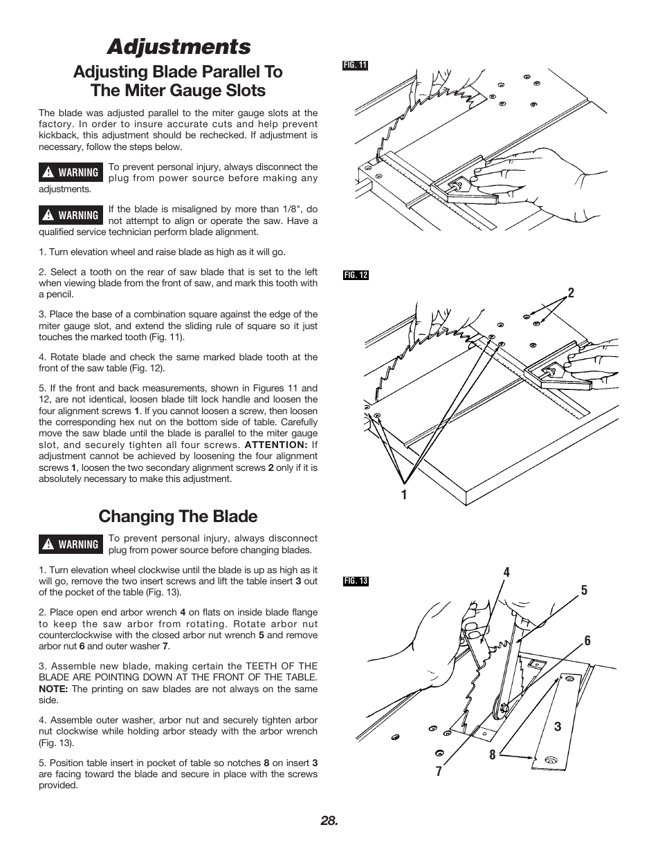 Adjustments, Adjusting blade parallel to the miter gauge slots, Changing the blade | Skil 3400 User Manual | Page 28 / 64