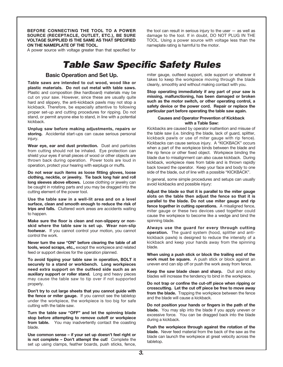 Table saw specific safety rules, Basic operation and set up | Skil 3400 User Manual | Page 3 / 64