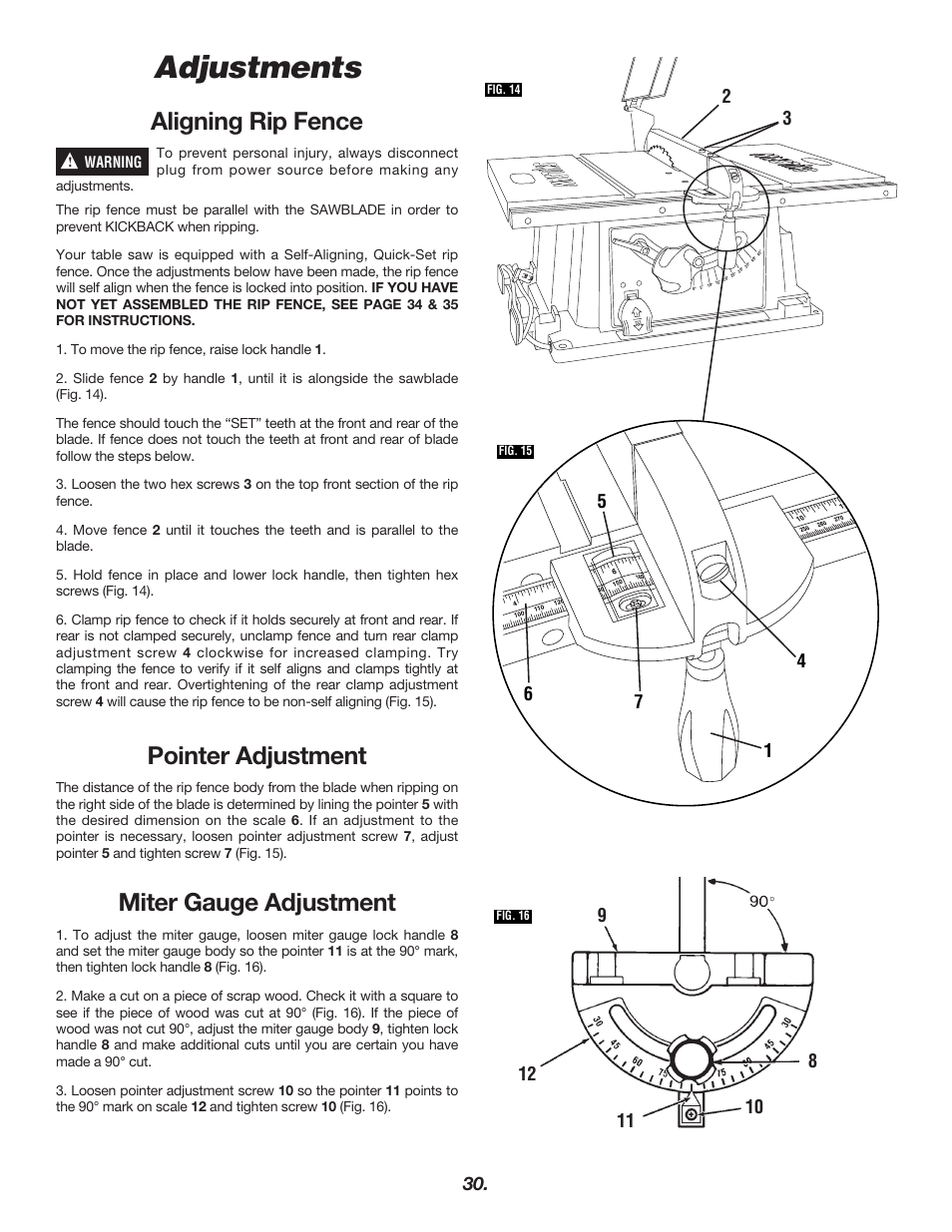 Adjustments, Aligning rip fence, Pointer adjustment | Miter gauge adjustment | Skil 3400 User Manual | Page 30 / 64