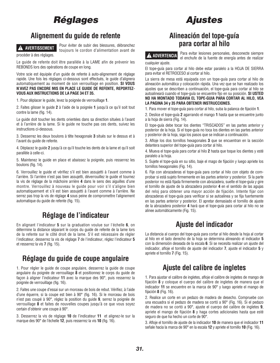 Ajustes, Réglages, Alignement du guide de refente | Réglage de l’indicateur, Réglage du guide de coupe angulaire, Alineación del tope-guía para cortar al hilo, Ajuste del indicador, Ajuste del calibre de ingletes | Skil 3400 User Manual | Page 31 / 64
