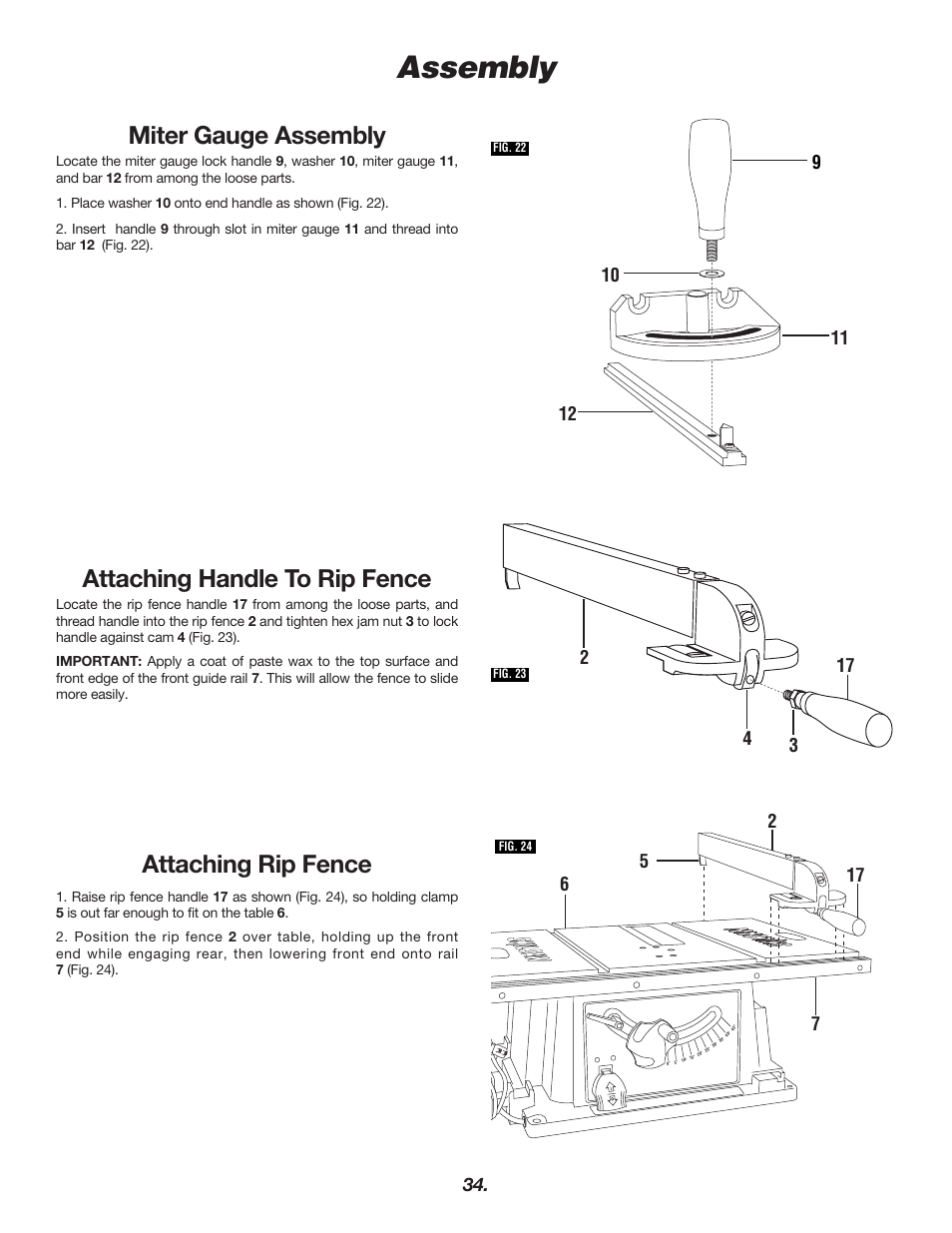Assembly, Miter gauge assembly, Attaching handle to rip fence | Attaching rip fence | Skil 3400 User Manual | Page 34 / 64