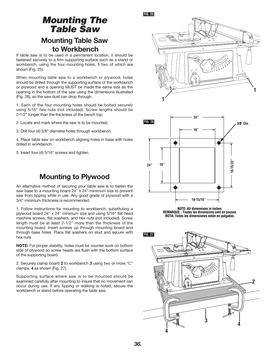 Mounting the table saw, Mounting table saw to workbench, Mounting to plywood | Skil 3400 User Manual | Page 36 / 64