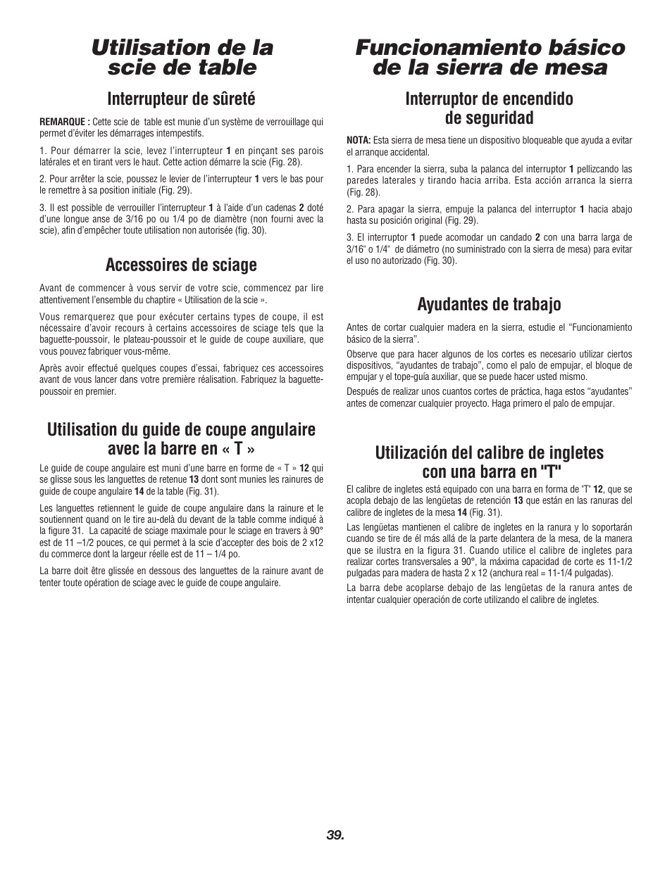 Funcionamiento básico de la sierra de mesa, Utilisation de la scie de table, Interruptor de encendido de seguridad | Ayudantes de trabajo, Interrupteur de sûreté, Accessoires de sciage | Skil 3400 User Manual | Page 39 / 64