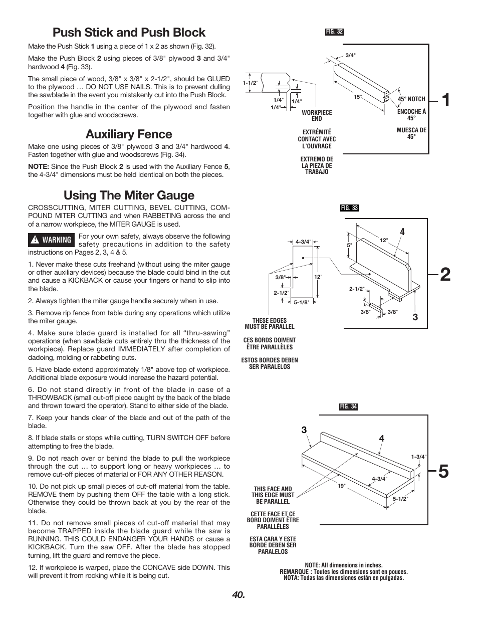 Push stick and push block, Auxiliary fence, Using the miter gauge | Skil 3400 User Manual | Page 40 / 64