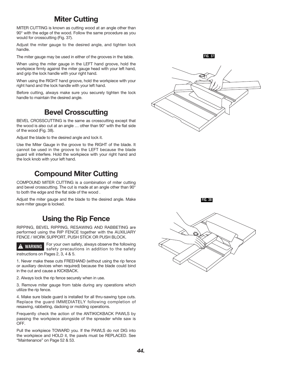 Miter cutting, Bevel crosscutting, Compound miter cutting | Using the rip fence | Skil 3400 User Manual | Page 44 / 64